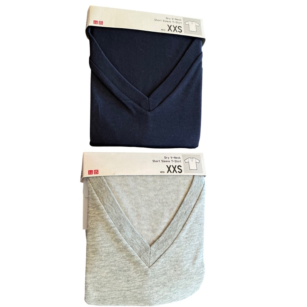 UNIQLO Dry V-Neck Short Sleeve T-Shirts Navy Gray Mens XXS NWT 2-Pack